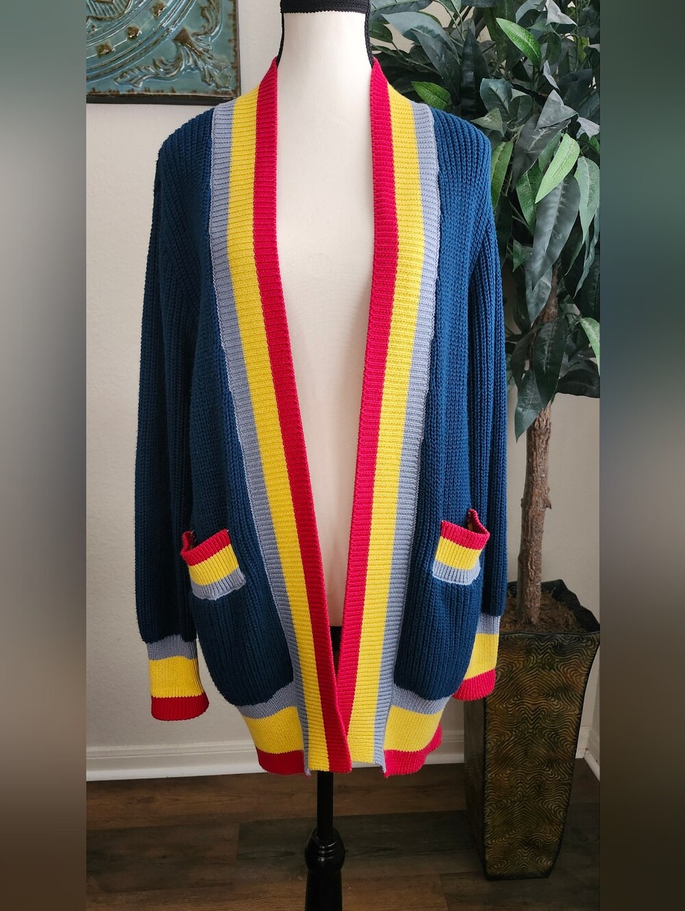 Central Park West XS Open Front Cardigan Sweater Sandy Lane Striped Blue Tennis